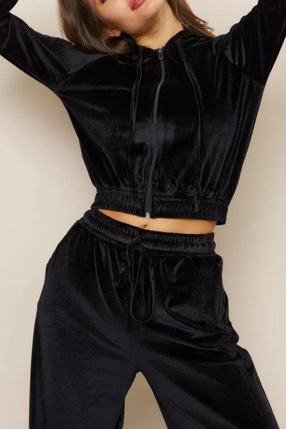 Fashion Zipper Open Velvet Casual Two -piece Suit