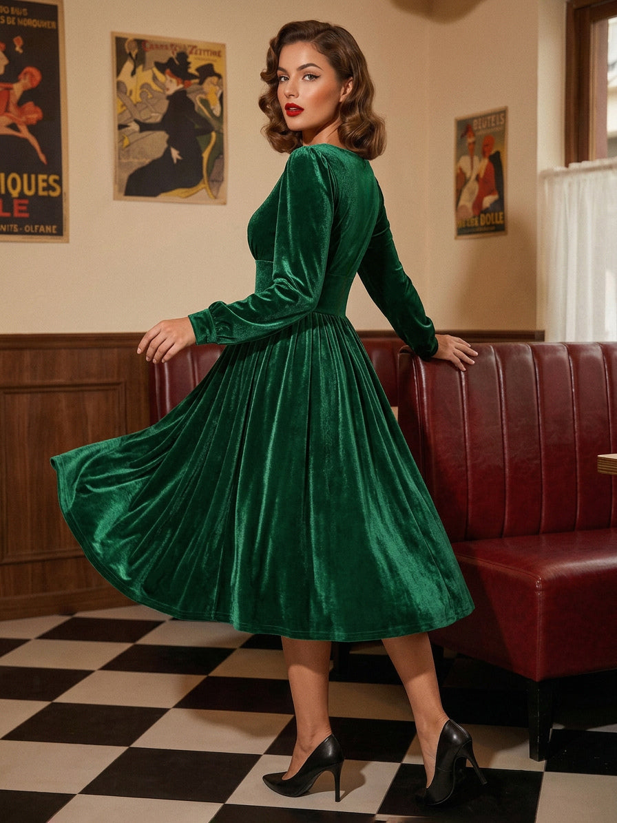 Vintage Glamour Dress 1950s Black Long Sleeves Square Neck Rockabilly Dress