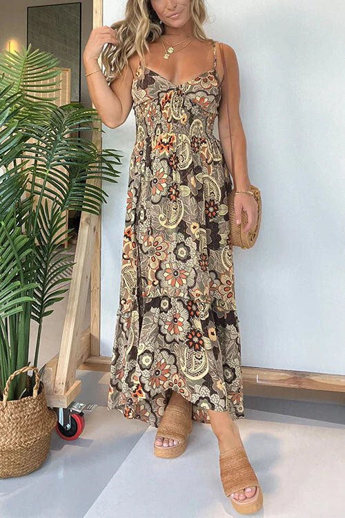 Neck Back Lace-up Slit Floral Print Maxi Cami Dress