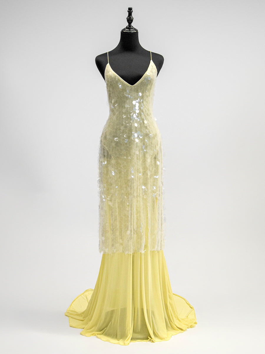 Sequin Sheer Maxi Slip Dress for Women - Butter Yellow Boho Backless V Neck Mermaid Cut Evening Gown - Summer Beach 2026