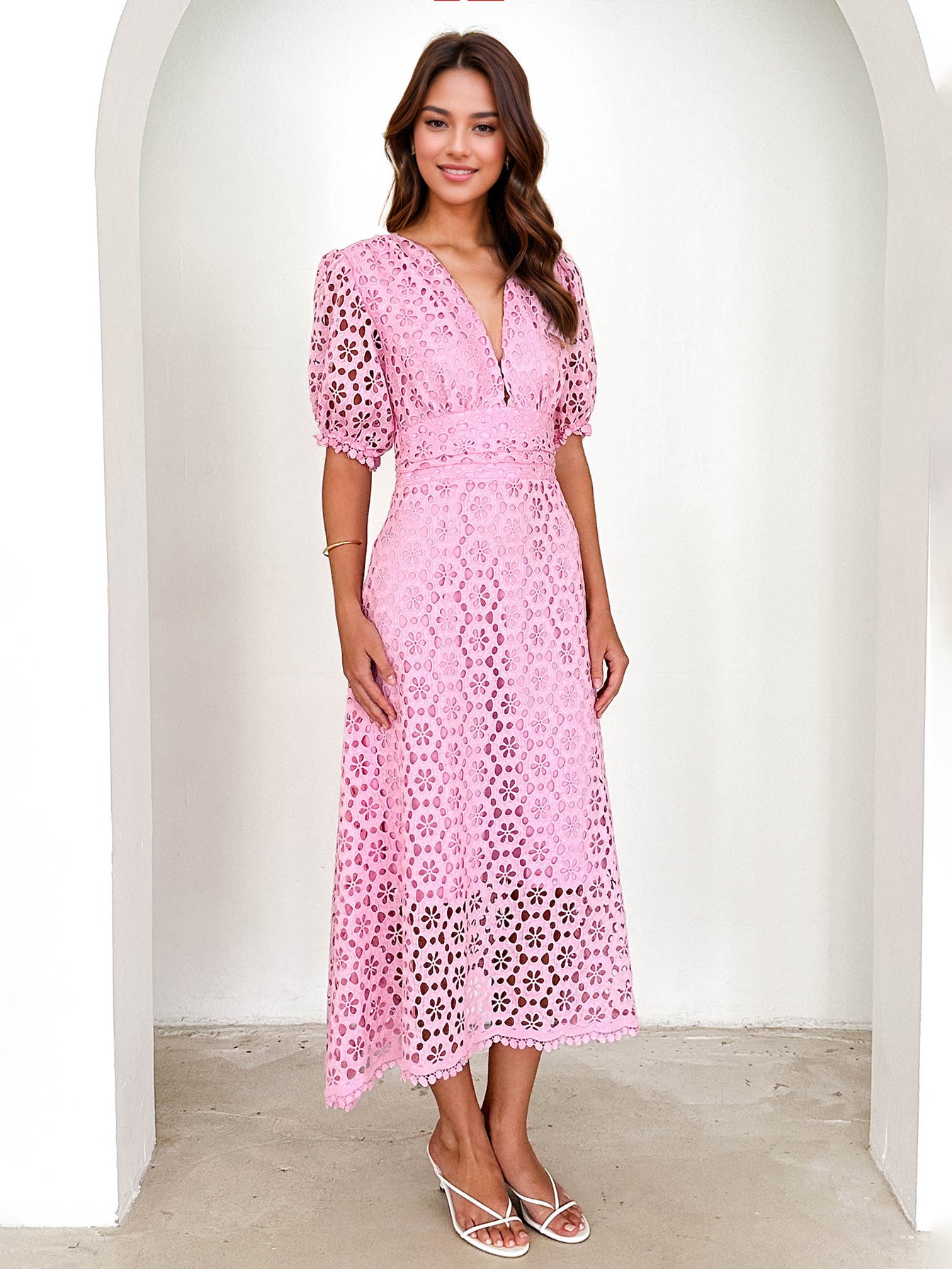 Lace Dress V-neck Puff Sleeve A-line Midi Dress For Women 2026