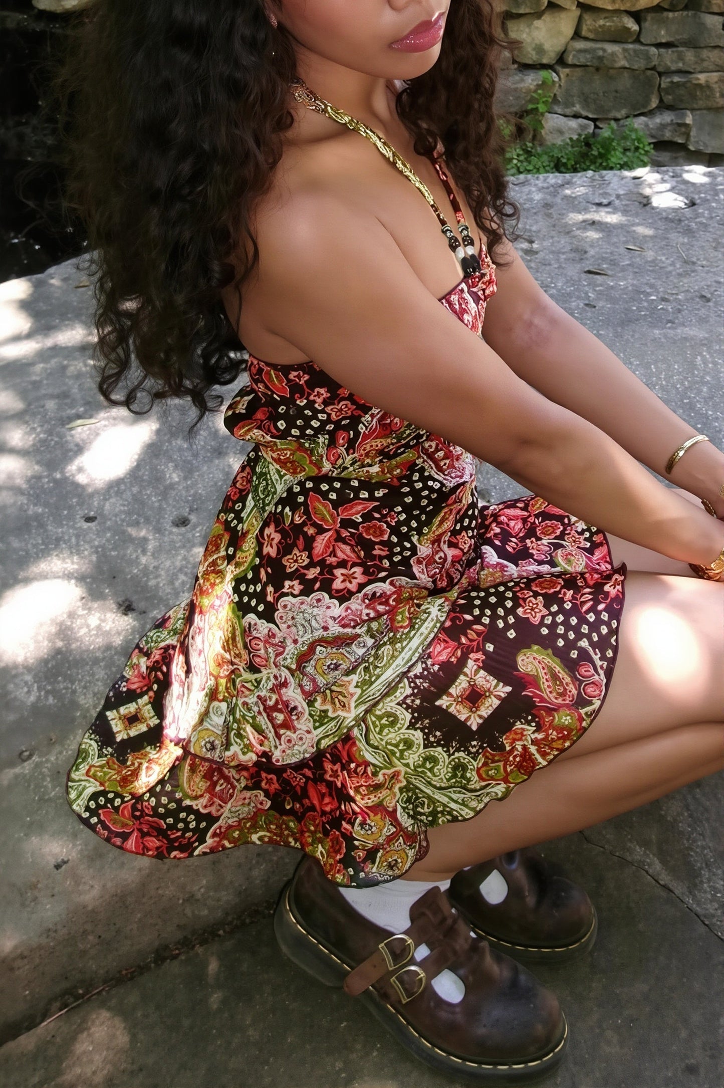 Beaded Halter Paisley Print Ruffled Hem Mini Dress