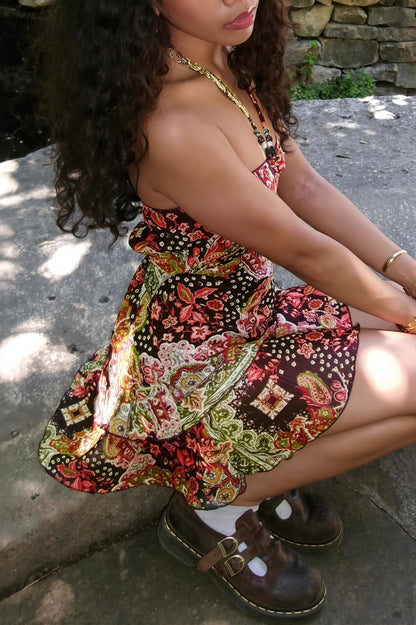 Beaded Halter Paisley Print Ruffled Hem Mini Dress