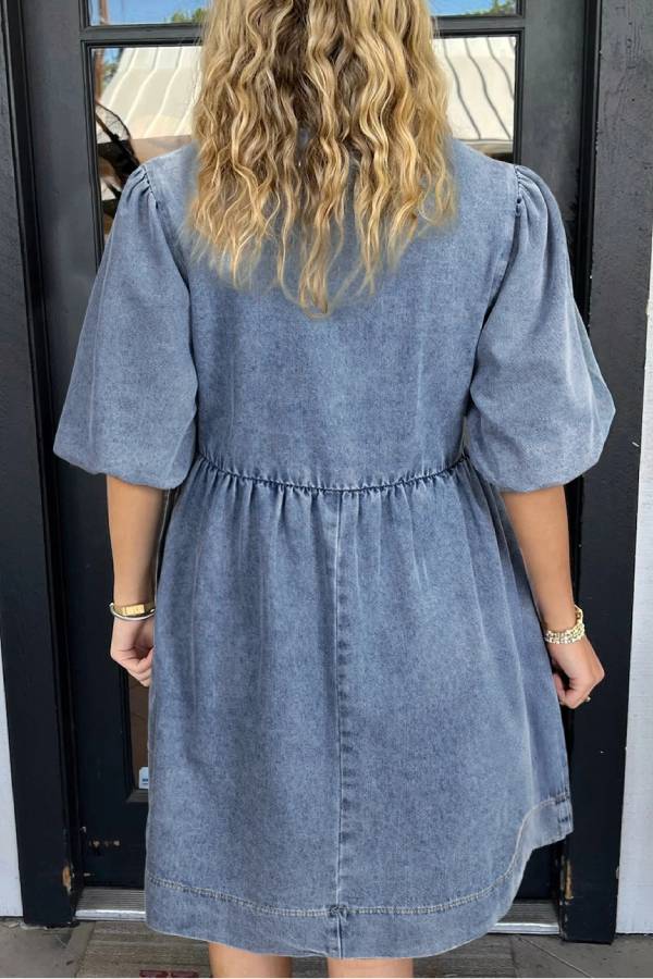 Dusk Blue Bowknot Puff Sleeve Denim Dress