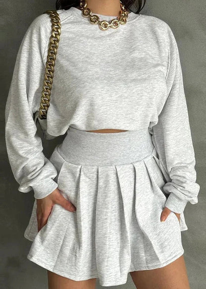 Effortless Charm - Gray Long Sleeve Sweater & Pleated Skirt Set