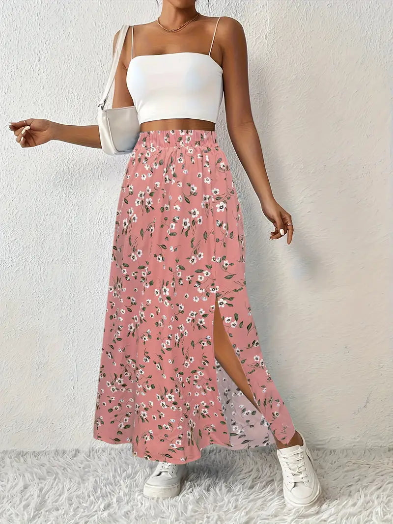 Women's High-Waisted Floral Maxi Skirt – Lightweight Side Slit