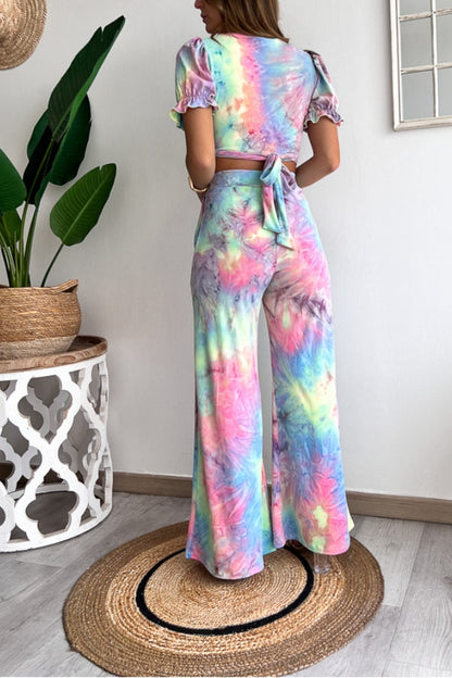 Floral Print V Neck Short Sleeves Crop Top Elastic Waist Wide Leg Pants Set