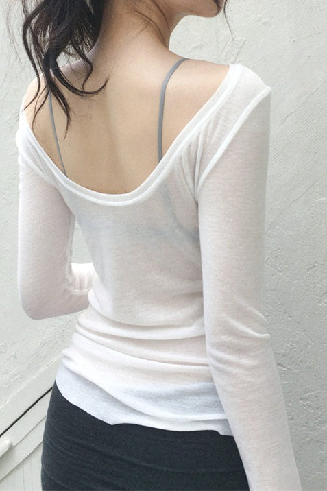 U Neck Sexy Sheer Long Sleeve Blouse