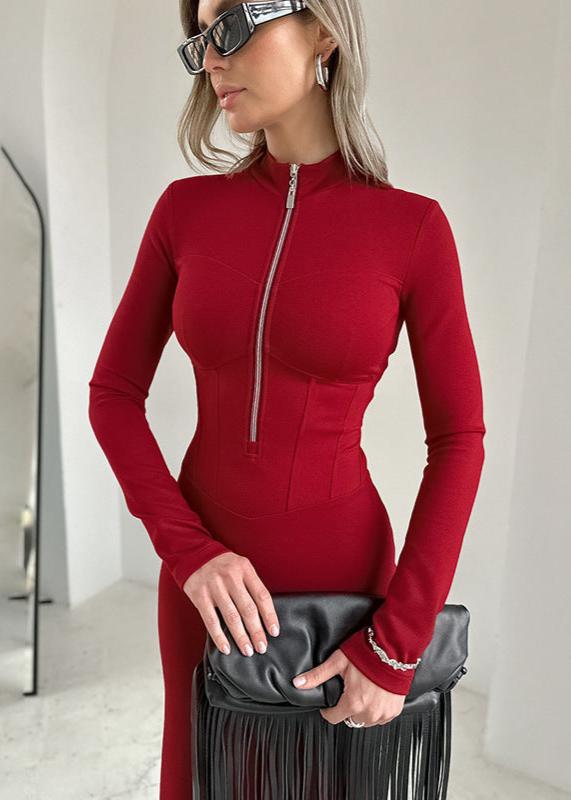 Zipper Split Slim Fit Long Sleeve Dress