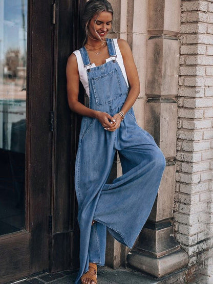 Deep Blue Sleeveless Buttons Convertible Denim Wide Summer Playsuit