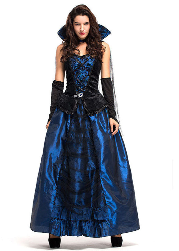 Midnight Duchess - Women’s Blue and Black Vampire Costume Gown with High Collar