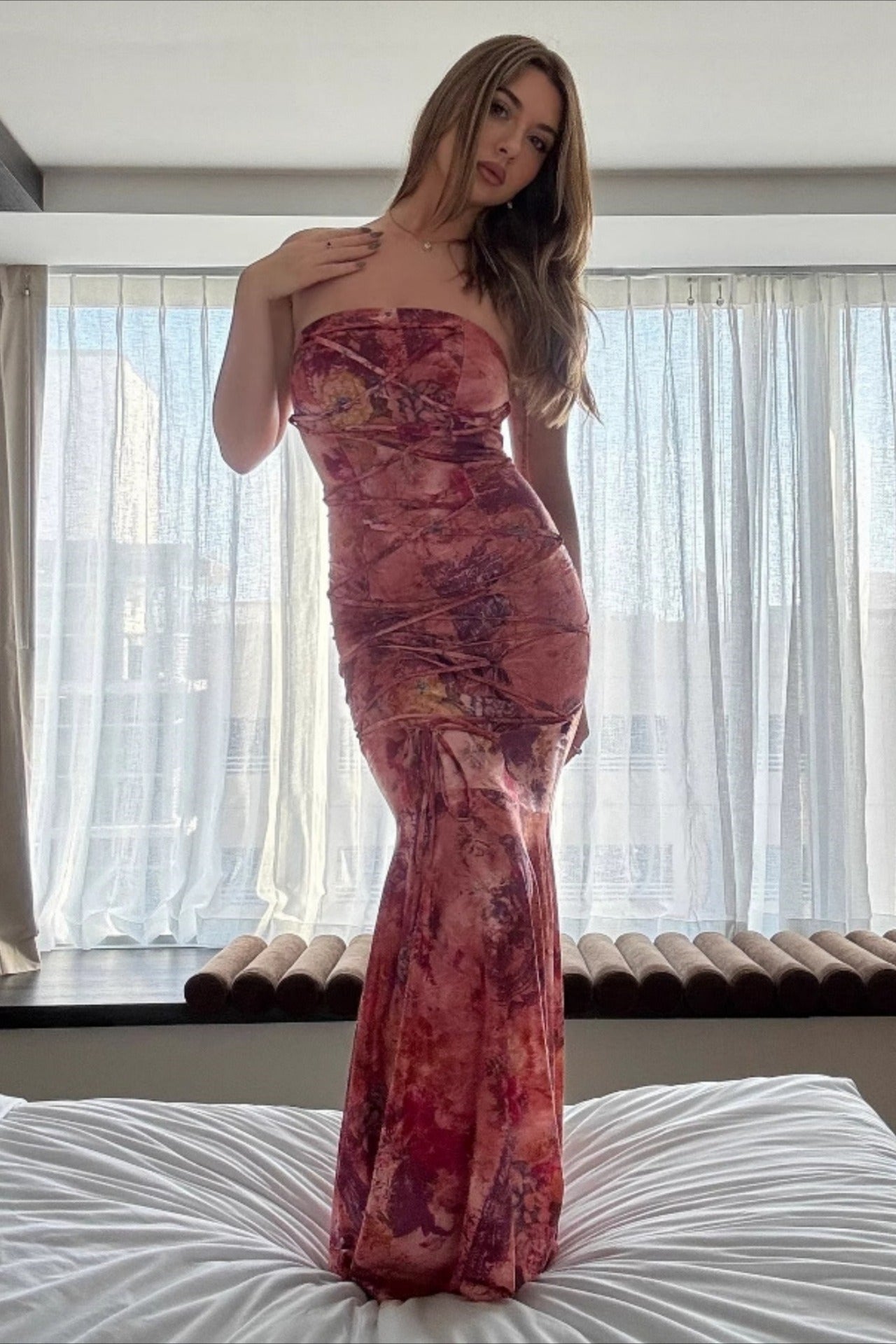 Vintage Floral Strapless Fitted Bodycon Maxi Dress