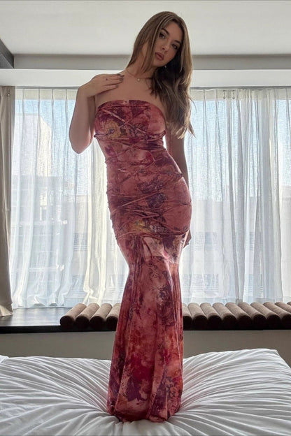 Vintage Floral Strapless Fitted Bodycon Maxi Dress