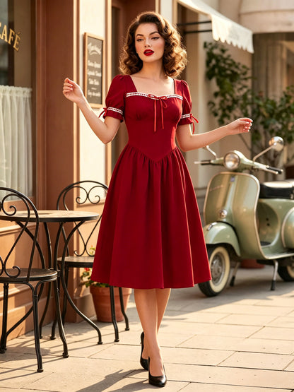 Vintage Dress Women's Puff Sleeve Midi Dress Square Neck Tie Front Fit And Flare Vintage Dress