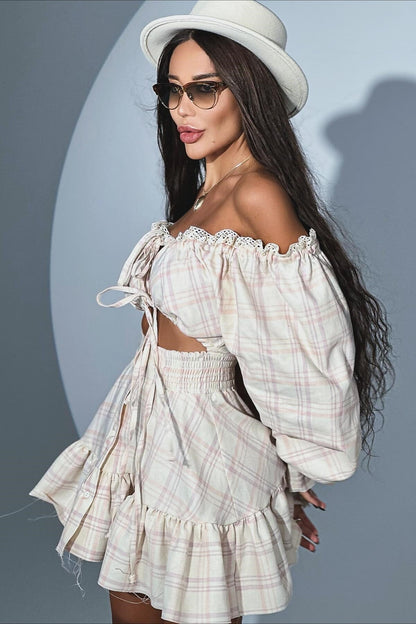 Plaid Lace Trim Off Shoulder Tie Front Puff Sleeve Smocked Mini Skirt Set