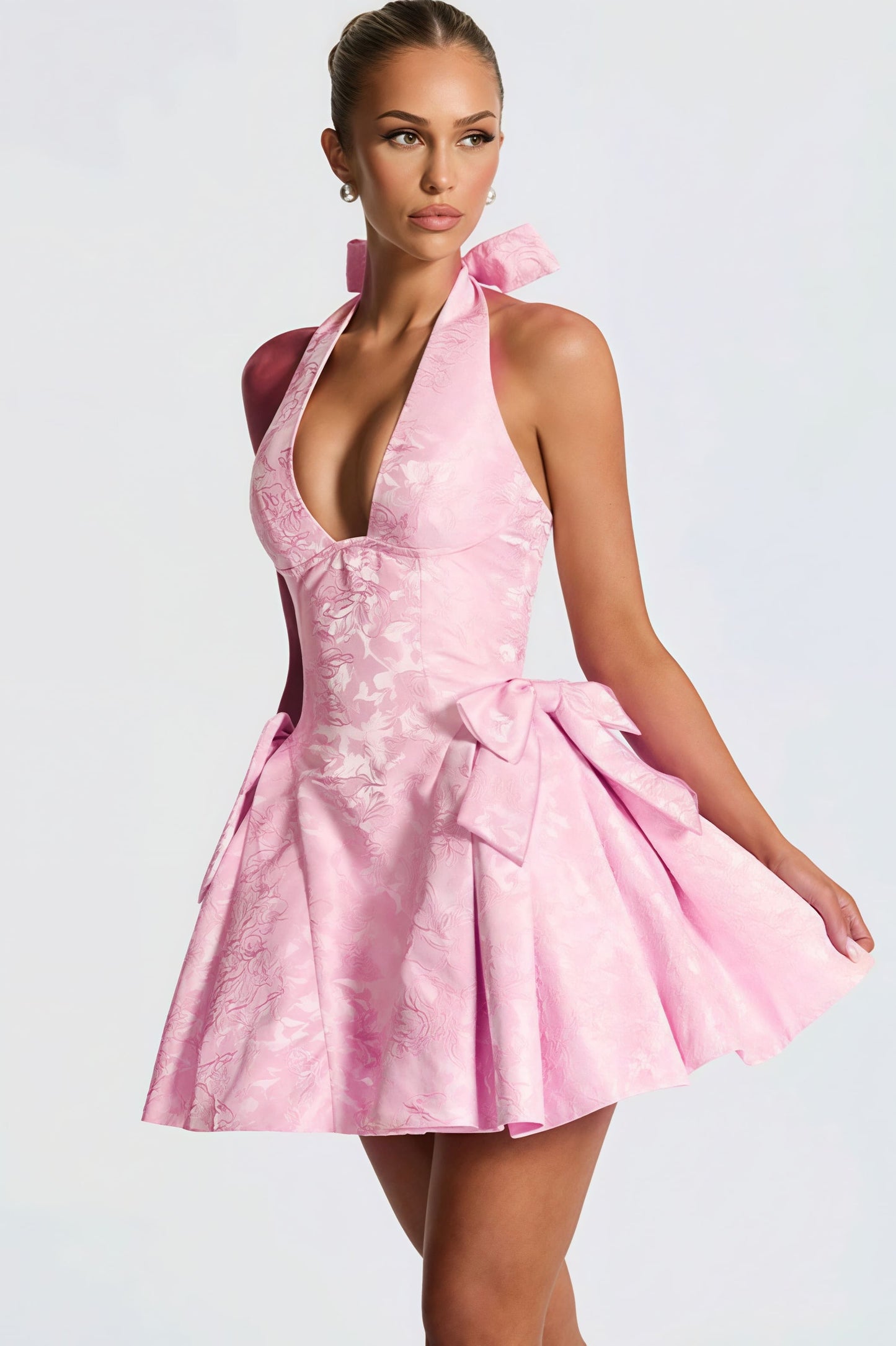 Jacquard Floral Halter Neck Plunging V-Neck Hip Bow Fit and Flare Mini Dress