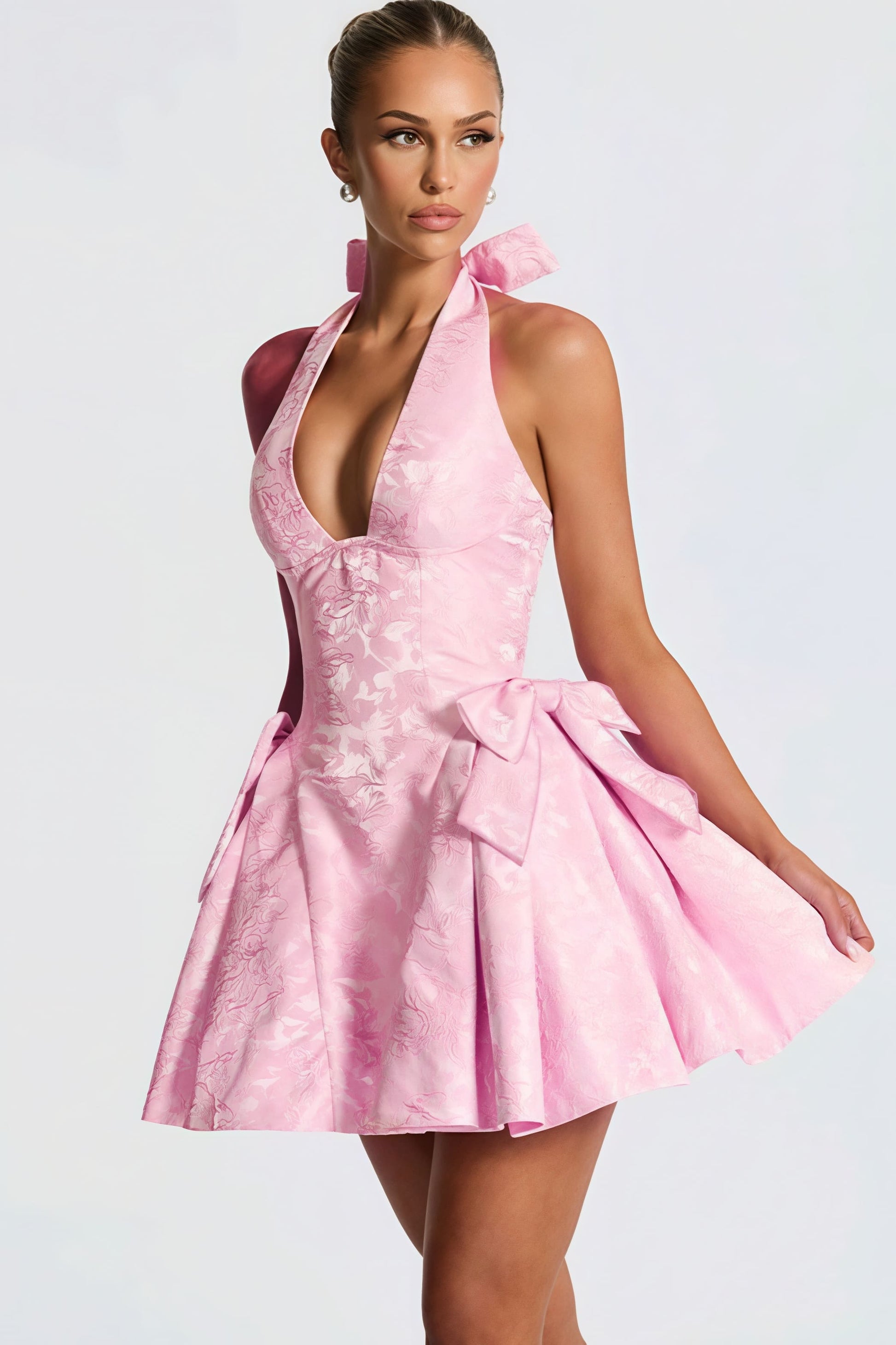 Jacquard Floral Halter Neck Plunging V-Neck Hip Bow Fit and Flare Mini Dress