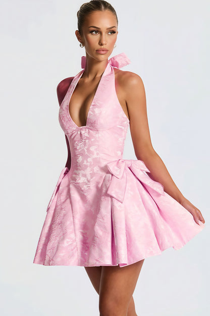 Jacquard Floral Halter Neck Plunging V-Neck Hip Bow Fit and Flare Mini Dress