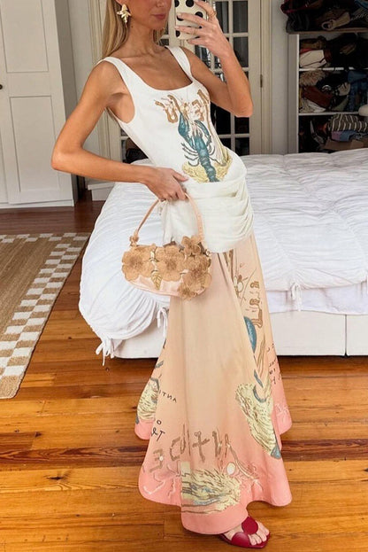 Jino Unique Lobster Print Square Neck Ruched Drape Hip Maxi Dress