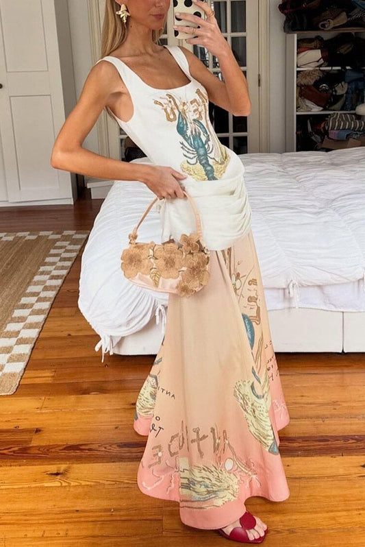 Jino Unique Lobster Print Square Neck Ruched Drape Hip Maxi Dress