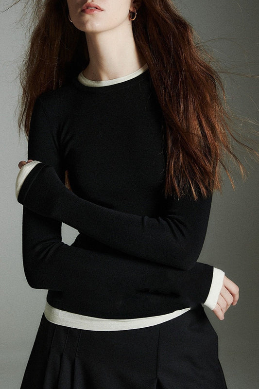 Two-in-One Contrast Trim Knit Top