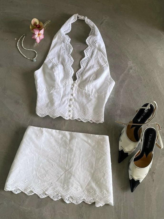 Cotton Halterneck Vest Top & Skirt coord Set