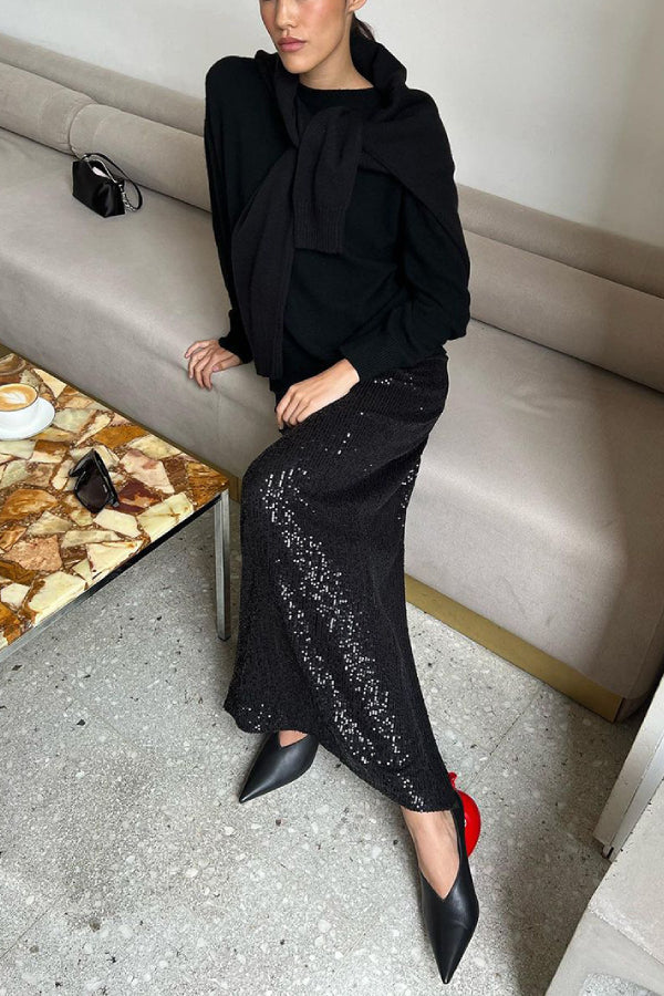 High Waist Sparkle Floor Length Sequin Skirt