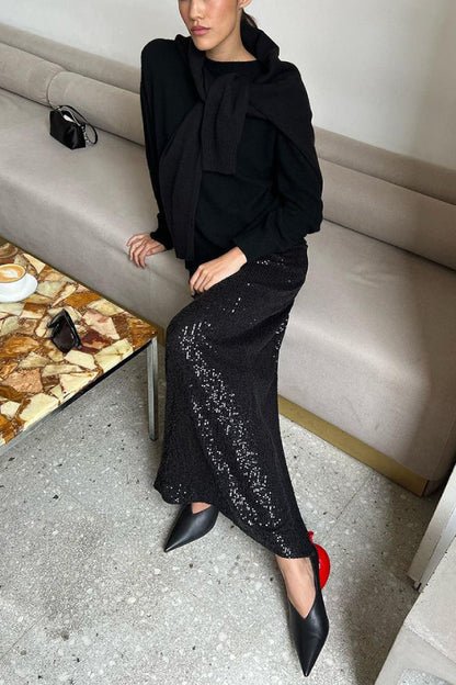 High Waist Sparkle Floor Length Sequin Skirt
