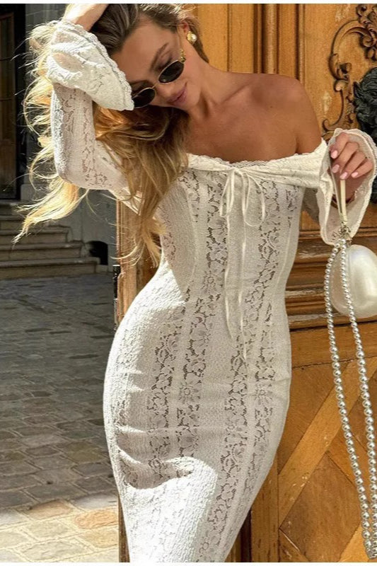 Sexy Off Shoulder Ruched Lace Flare Sleeve Bodycon Dress