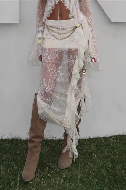 Ruffled Lace Asymmetrical Skirt