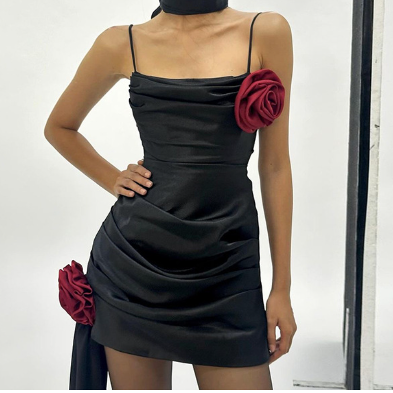 Square neck flower applique ruched mini dress