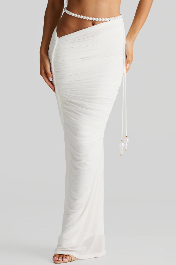 Imalia Stretch Mesh Pearl Trim Gathered Tank and  Detachable Belt Vacation Maxi Skirt Set