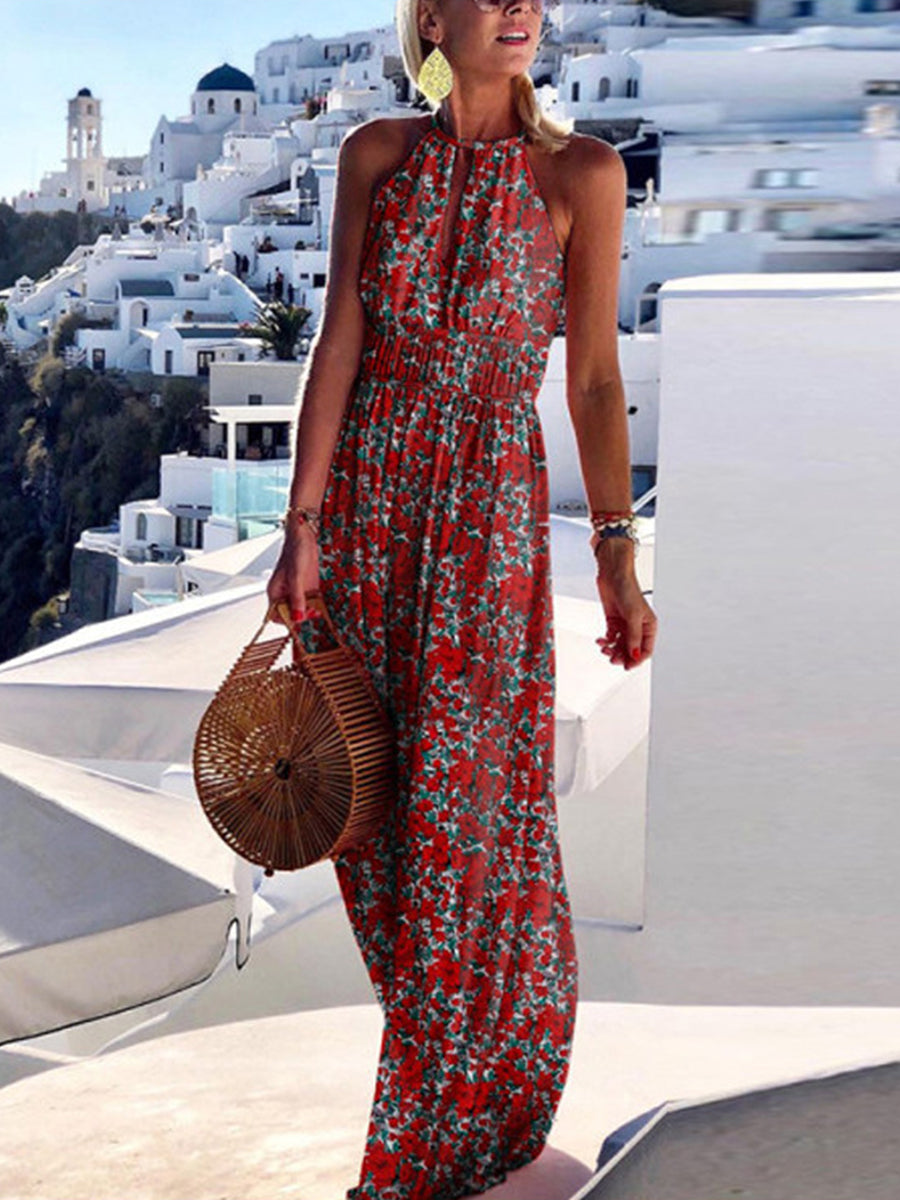 Round Neck Drawstring Print Dress