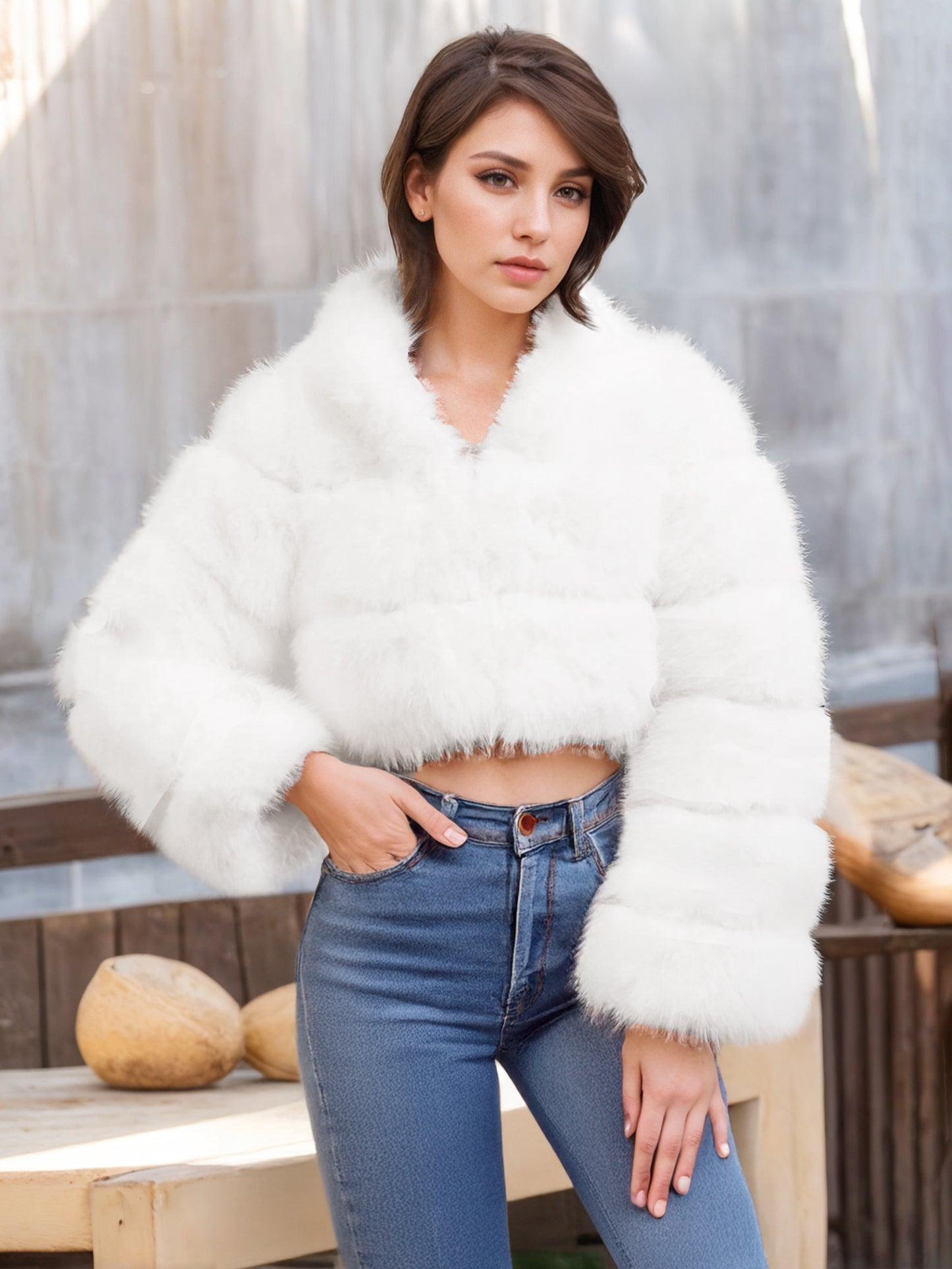 White Faux Fur Jacket With Hood Hot Girls Short Coats Winter Outerwear For Women 2026
