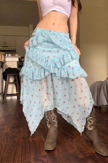 Sheer Floral Low Waist Asymmetrical Ruffle A Line Skirt