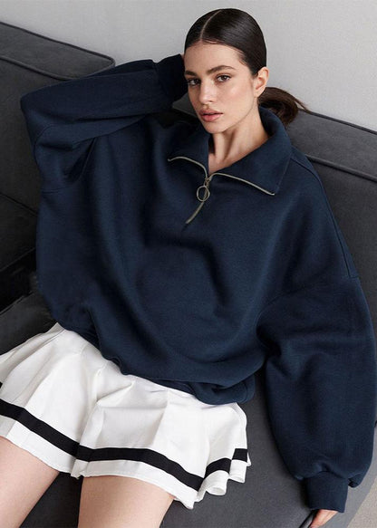 Chic Zip-Up Casual Navy Sweater