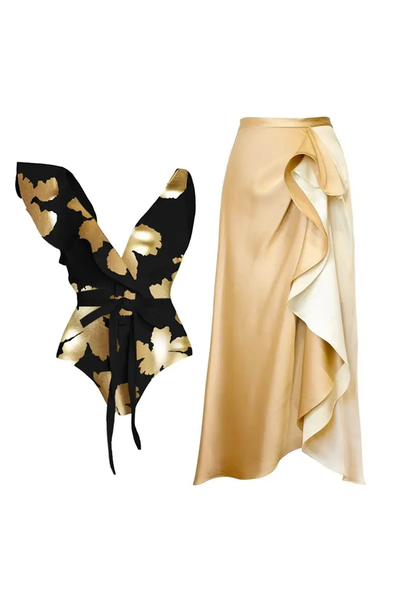 Foil Print Deep V Ruffle One Piece Swimsuit