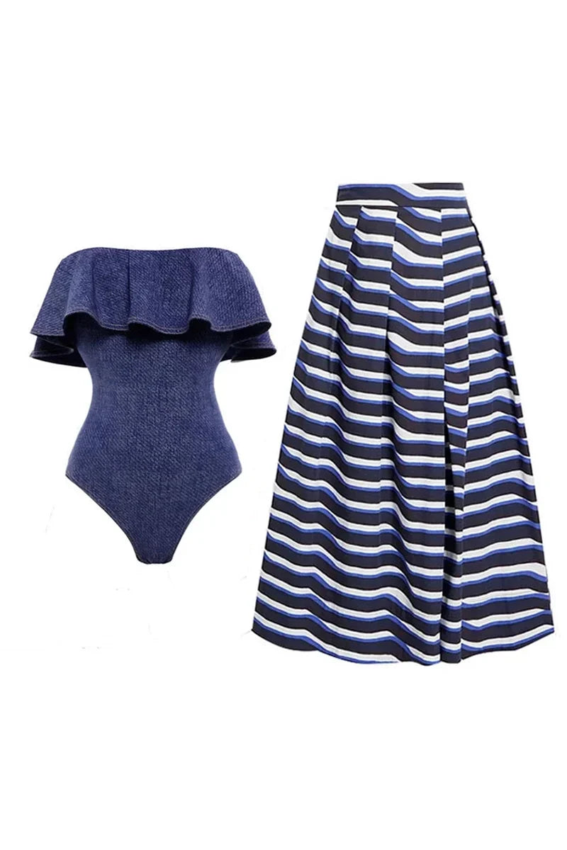 Denim Bandeau One Piece Swimsuit Set