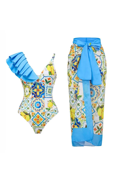 Lemon Print Backless One Piece Swimsuit Set