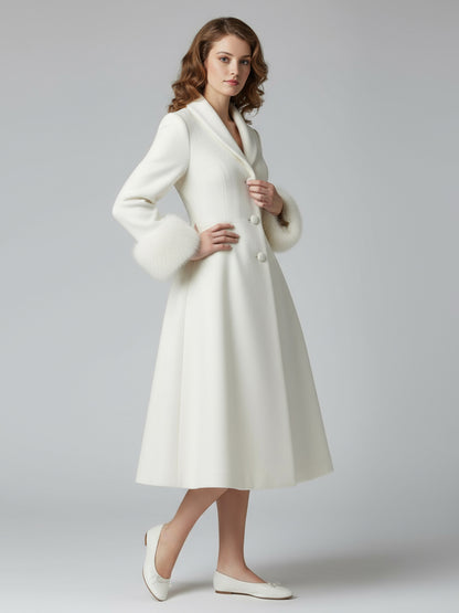 Vintage A-line Woolen Flared Midi Coat With Detachable faux fur cuffs In White 2026