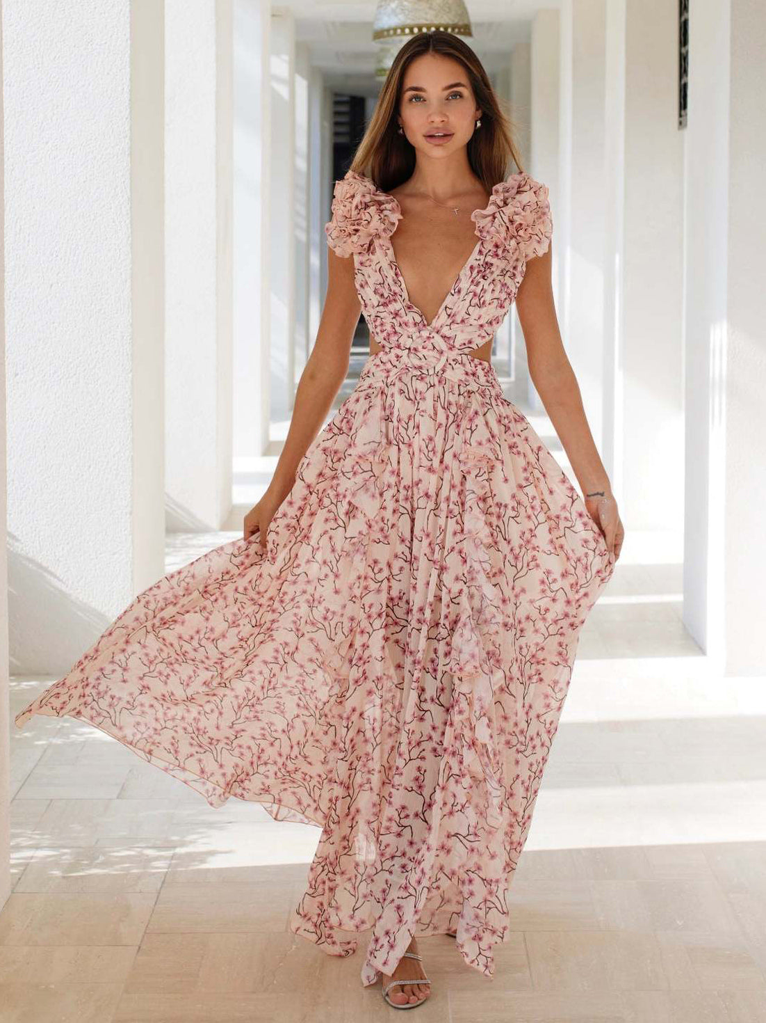 Flowy Flower Dress Plunge High-Slit Backless Maxi Boho Dresses