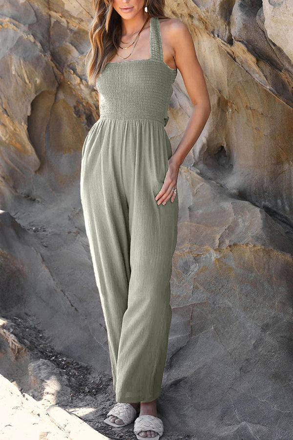Fashion casual collarless straight wide leg open back cross strap jumpsuit