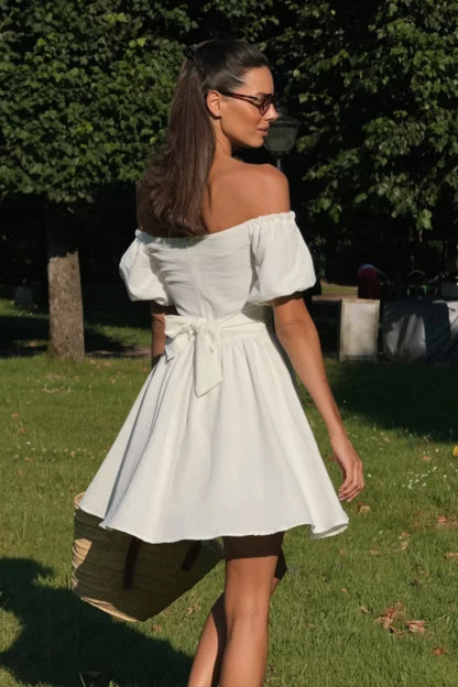 Off Shoulder Puff Sleeve Tie Back Bow A-Line Mini Dress