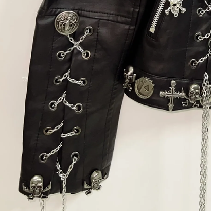 Long sleeve metal chain zip-up PU leather top