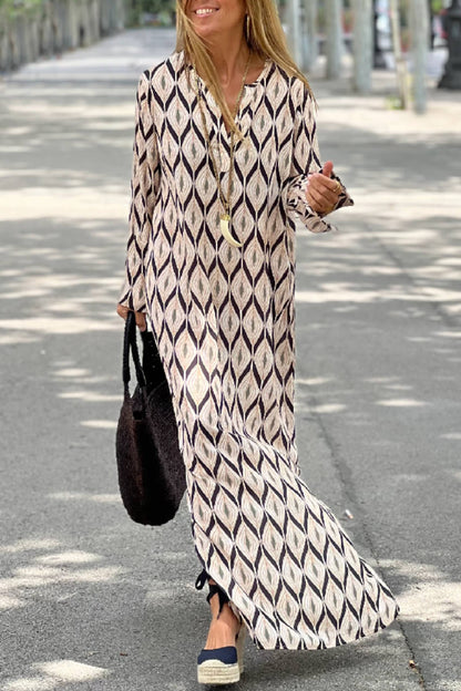 Unique Printed Long Sleeve V-neck Loose Maxi Dress