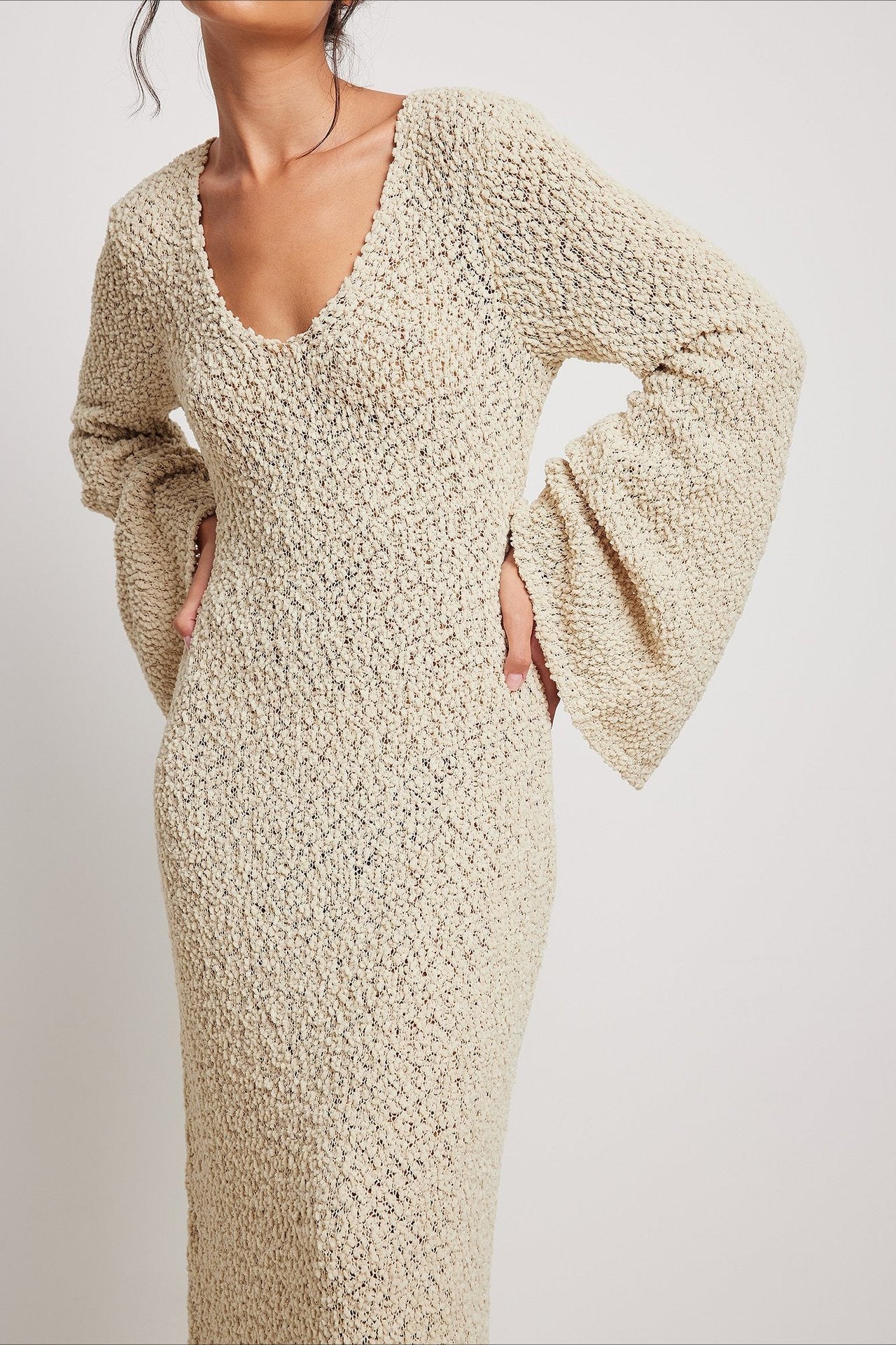 Boucle Knit Scoop Neck Bell Sleeve Bodycon Maxi Sweater Dress