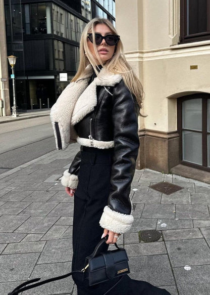 Luxe Sherpa Trim Leather Jacket - Short ZippeRed Style
