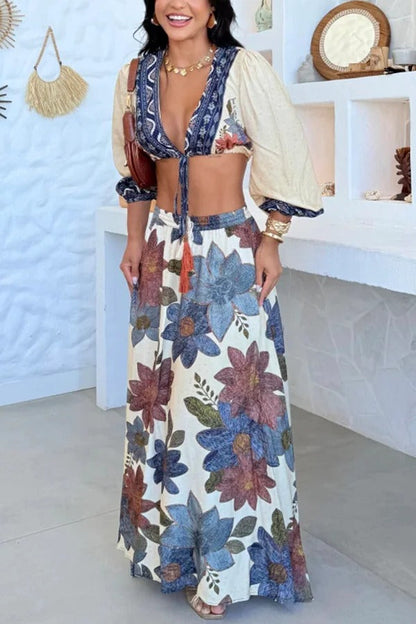Unique Printed V-Neck Tie Cropped Top and Elastic Waist Casual Maxi Skirt Set