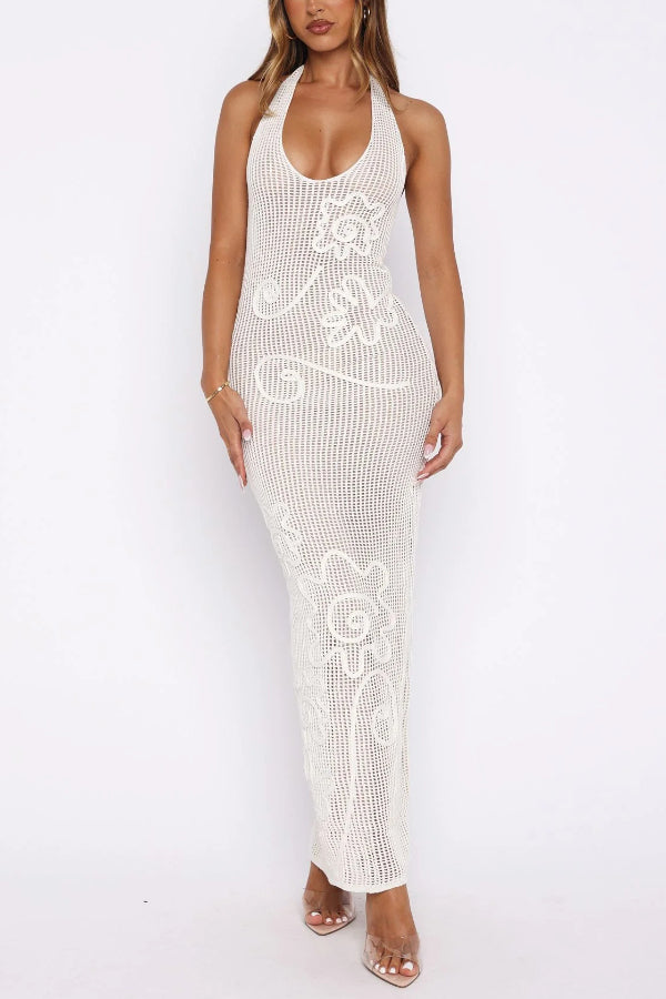 Solid Color Openwork Knit Backless Slim Fit Vacation Cover-up Maxi Dress