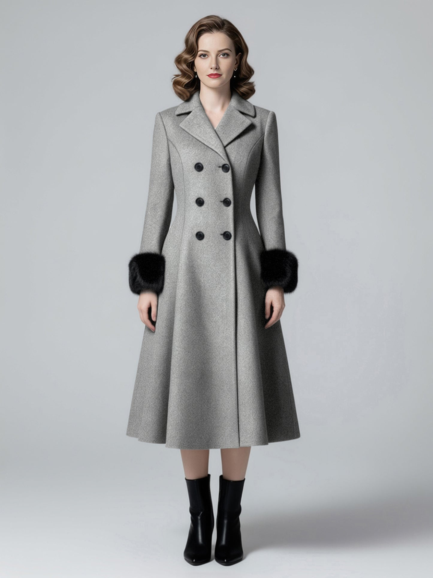 Wool Blend Double-breasted Midi Flared Coat with black Faux Fur Cuffs For Women 2026